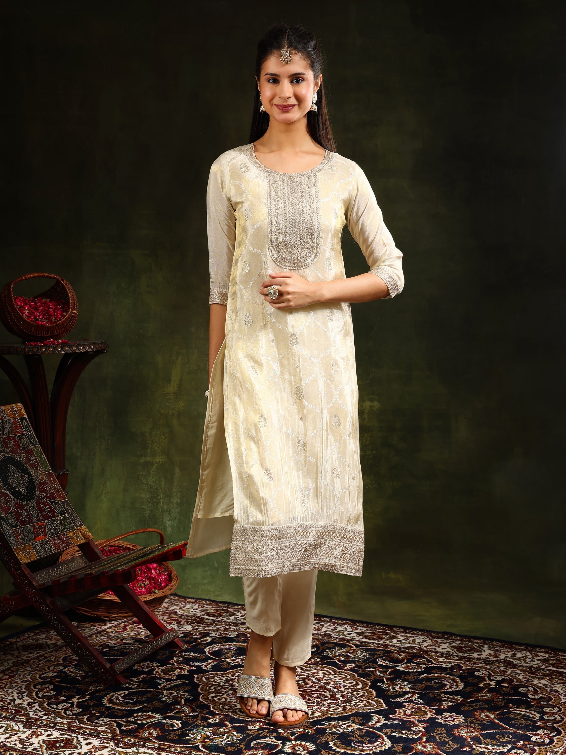 Embroidered & Banarasi Jacquard Kurta With Pant & Organza Embroidered Dupatta, Cream - Hiral Fashion