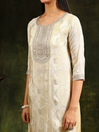 Embroidered & Banarasi Jacquard Kurta With Pant & Organza Embroidered Dupatta, Cream - Hiral Fashion