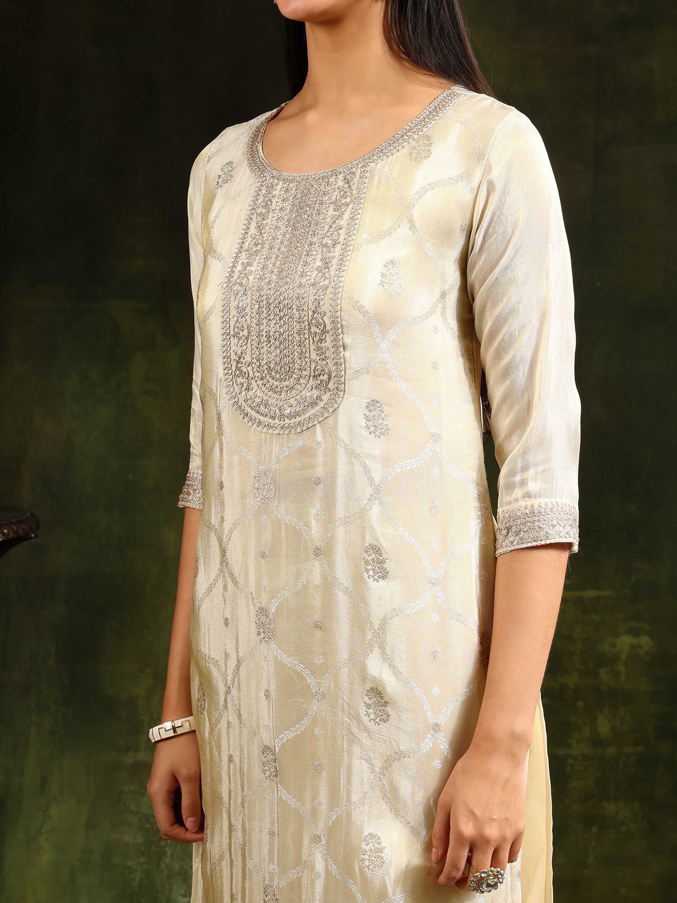 Embroidered & Banarasi Jacquard Kurta With Pant & Organza Embroidered Dupatta, Cream - Hiral Fashion