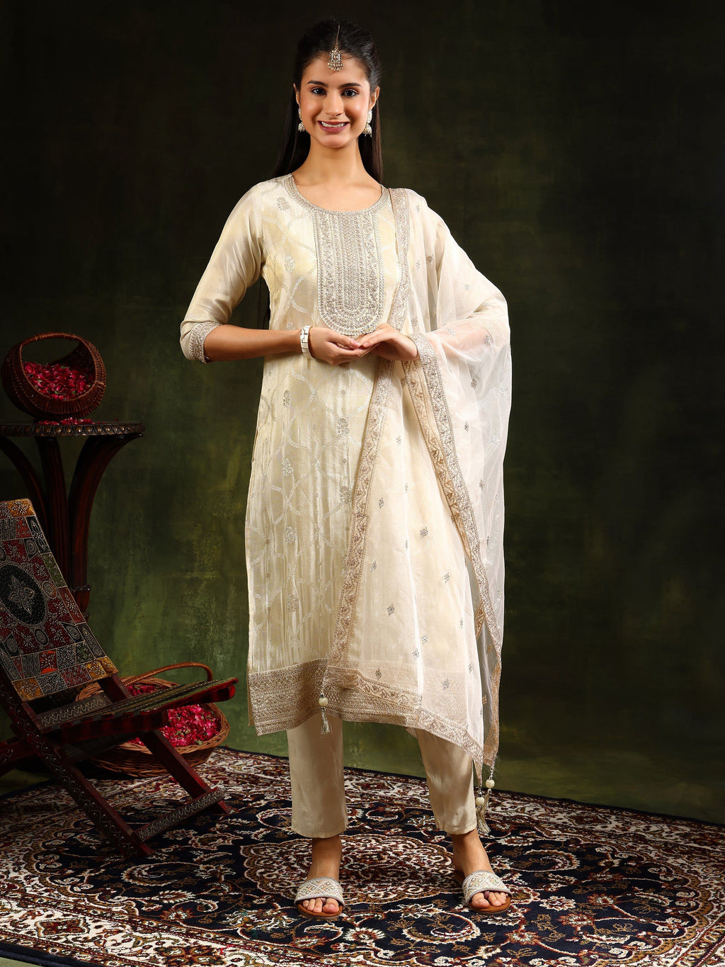 Embroidered & Banarasi Jacquard Kurta With Pant & Organza Embroidered Dupatta, Cream - Hiral Fashion