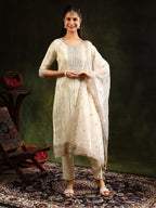 Embroidered & Banarasi Jacquard Kurta With Pant & Organza Embroidered Dupatta, Cream - Hiral Fashion