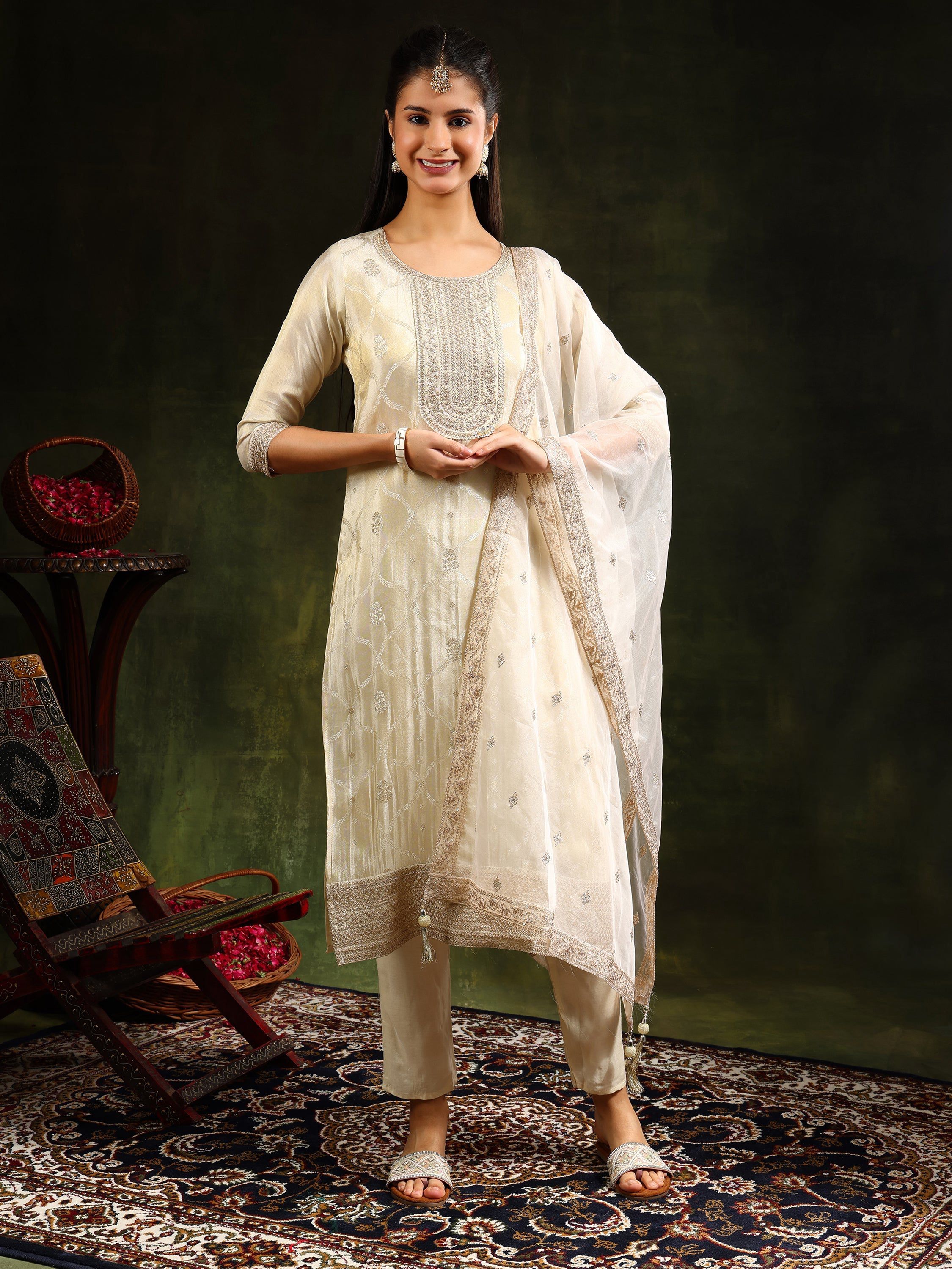 Embroidered & Banarasi Jacquard Kurta With Pant & Organza Embroidered Dupatta, Cream - Hiral Fashion