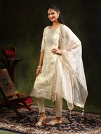 Embroidered & Banarasi Jacquard Kurta With Pant & Organza Embroidered Dupatta, Cream - Hiral Fashion