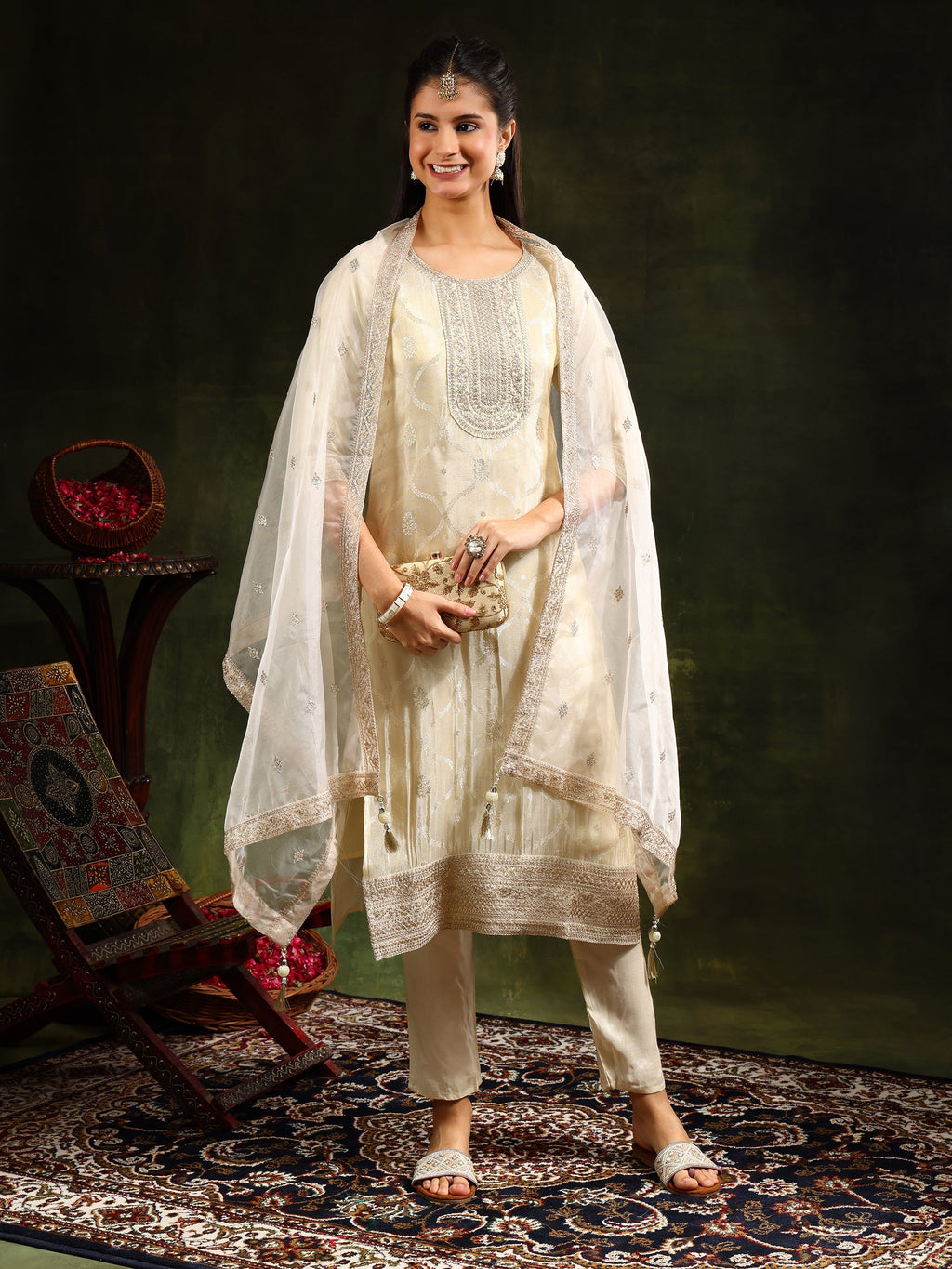 Embroidered & Banarasi Jacquard Kurta With Pant & Organza Embroidered Dupatta, Cream - Hiral Fashion