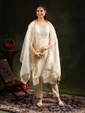 Embroidered & Banarasi Jacquard Kurta With Pant & Organza Embroidered Dupatta, Cream - Hiral Fashion