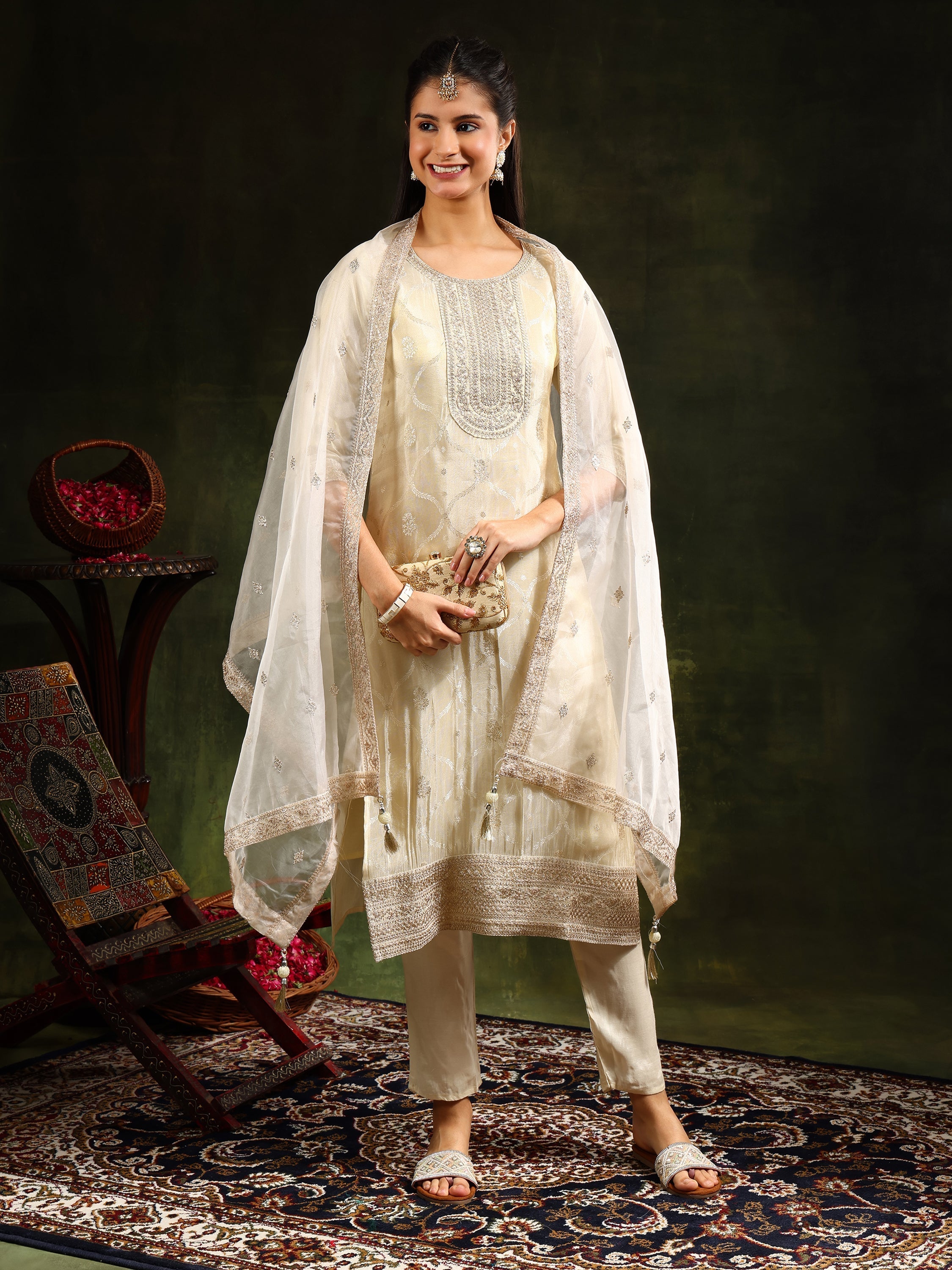 Embroidered & Banarasi Jacquard Kurta With Pant & Organza Embroidered Dupatta, Cream - Hiral Fashion