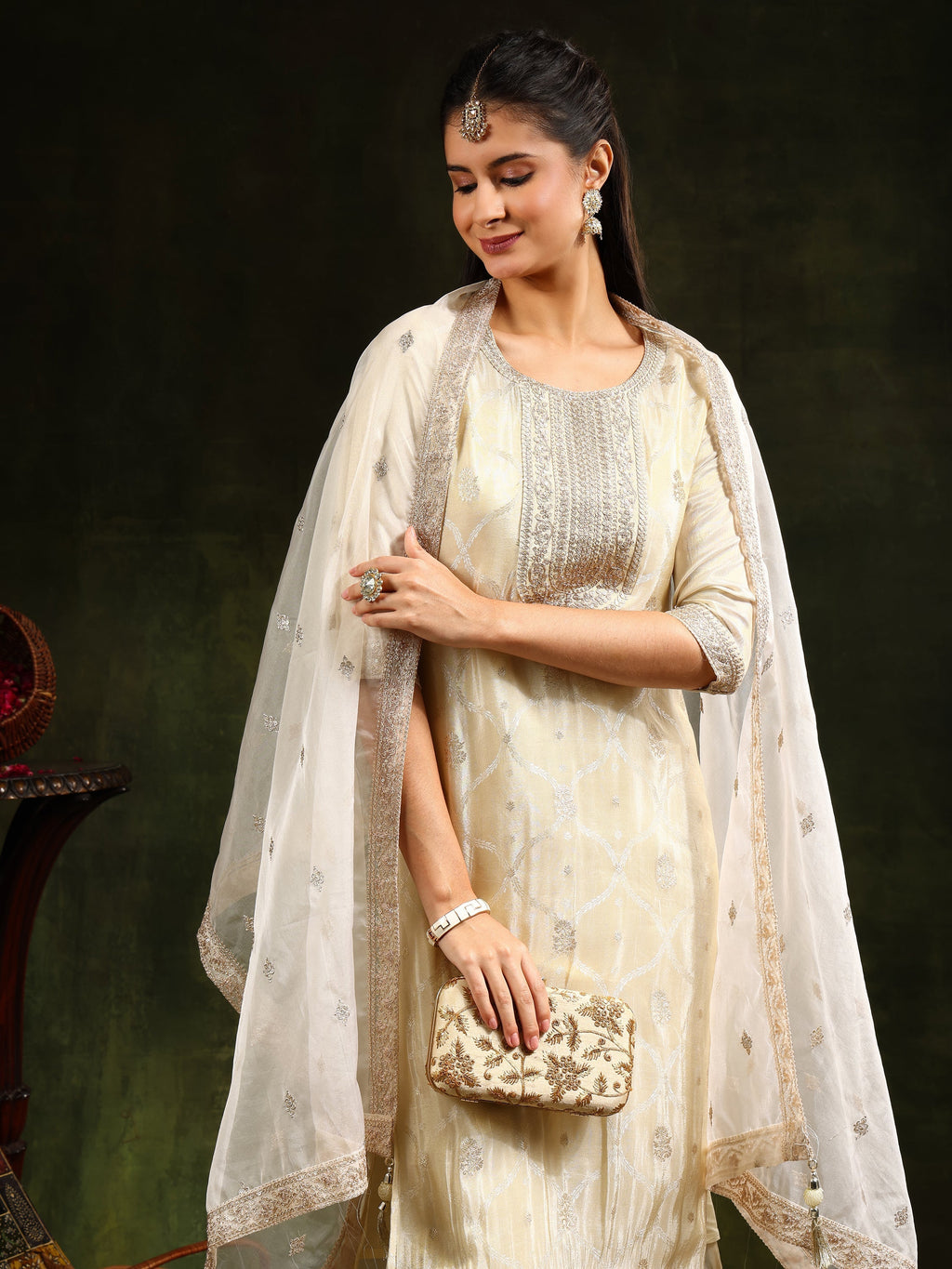 Embroidered & Banarasi Jacquard Kurta With Pant & Organza Embroidered Dupatta, Cream - Hiral Fashion