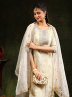 Embroidered & Banarasi Jacquard Kurta With Pant & Organza Embroidered Dupatta, Cream - Hiral Fashion