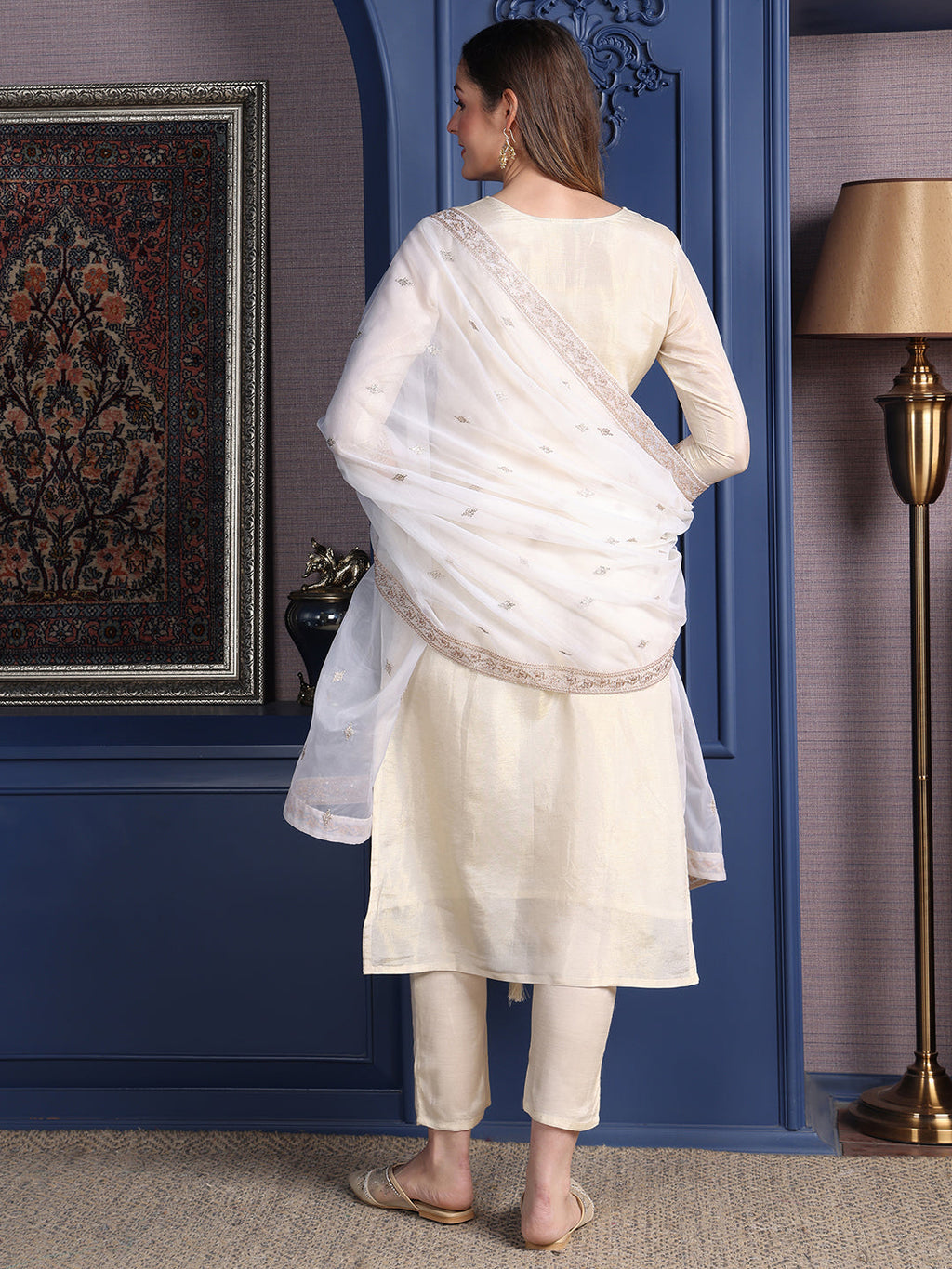 Embroidered Banarasi Jacquard Kurta With Pant & Embroidered Dupatta, Cream - Hiral Fashion - Distacart