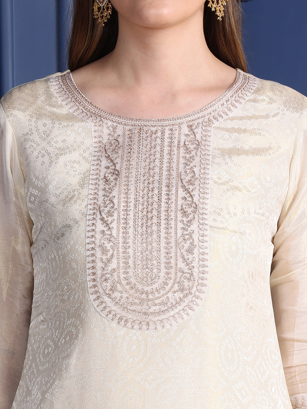 Embroidered Banarasi Jacquard Kurta With Pant & Embroidered Dupatta, Cream - Hiral Fashion - Distacart
