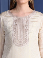 Embroidered Banarasi Jacquard Kurta With Pant & Embroidered Dupatta, Cream - Hiral Fashion - Distacart