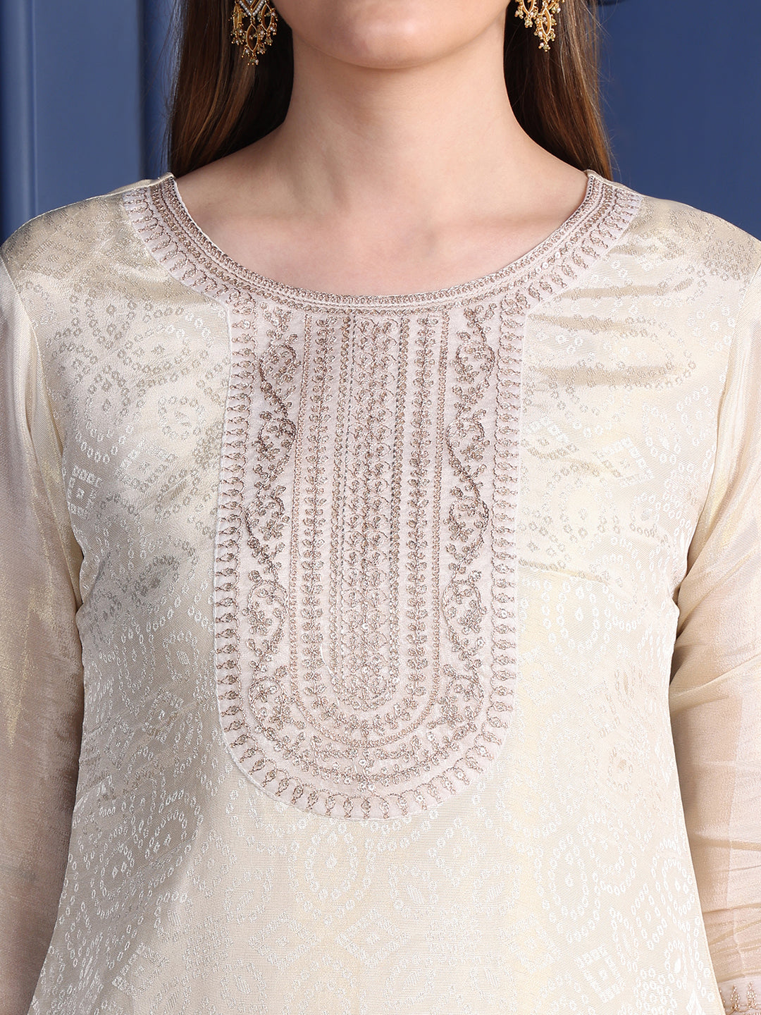 Embroidered Banarasi Jacquard Kurta With Pant & Embroidered Dupatta, Cream - Hiral Fashion - Distacart