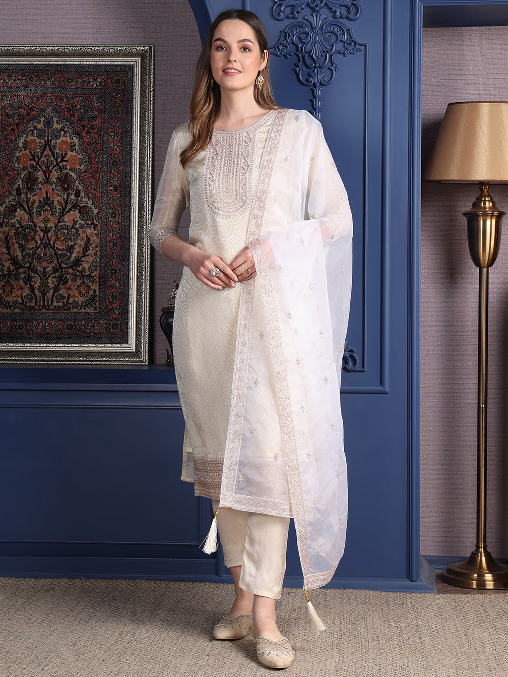 Embroidered Banarasi Jacquard Kurta With Pant & Embroidered Dupatta, Cream - Hiral Fashion - Distacart