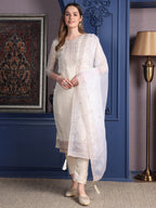 Embroidered Banarasi Jacquard Kurta With Pant & Embroidered Dupatta, Cream - Hiral Fashion - Distacart