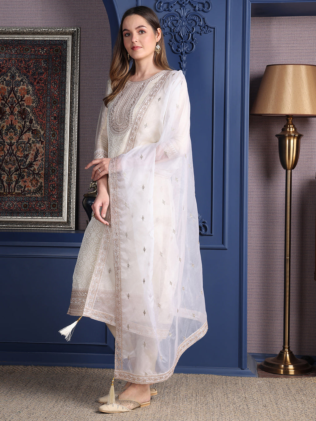 Embroidered Banarasi Jacquard Kurta With Pant & Embroidered Dupatta, Cream - Hiral Fashion - Distacart