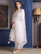 Embroidered Banarasi Jacquard Kurta With Pant & Embroidered Dupatta, Cream - Hiral Fashion - Distacart