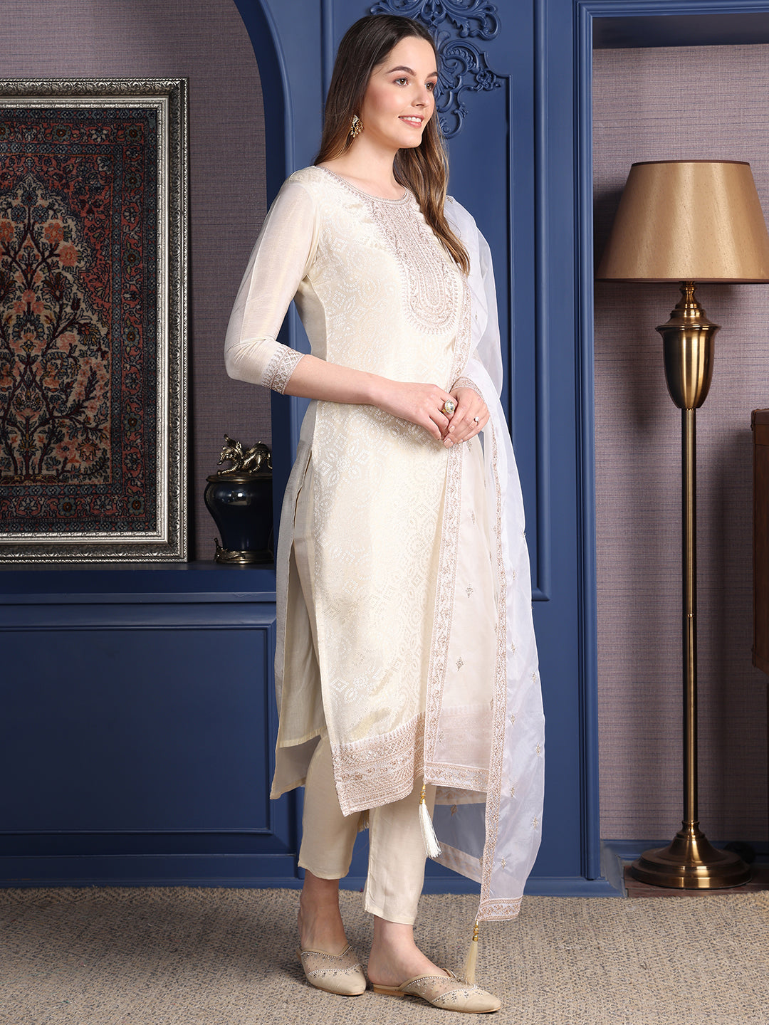 Embroidered Banarasi Jacquard Kurta With Pant & Embroidered Dupatta, Cream - Hiral Fashion - Distacart