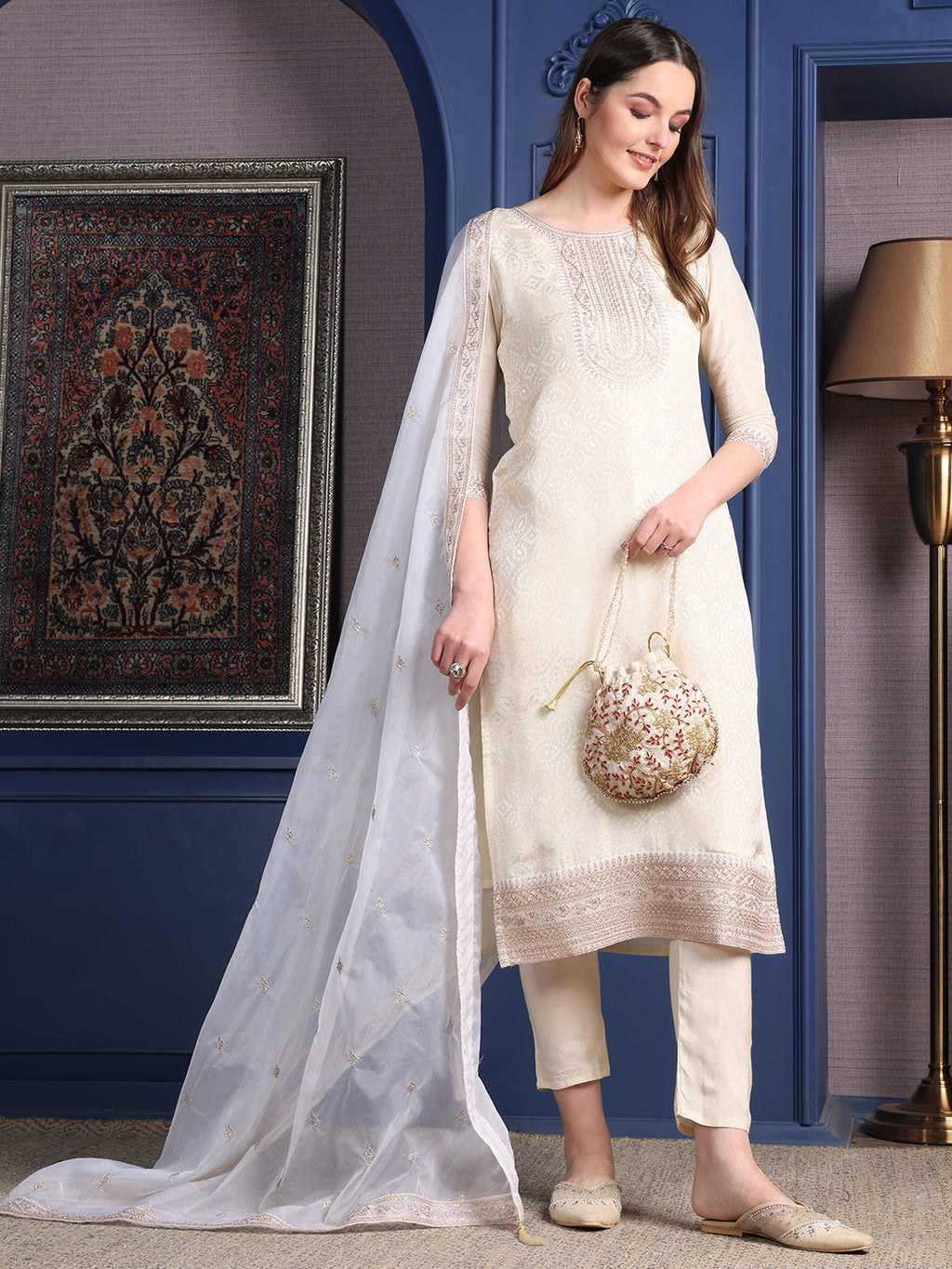 Embroidered Banarasi Jacquard Kurta With Pant & Embroidered Dupatta, Cream - Hiral Fashion - Distacart