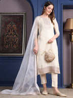 Embroidered Banarasi Jacquard Kurta With Pant & Embroidered Dupatta, Cream - Hiral Fashion - Distacart