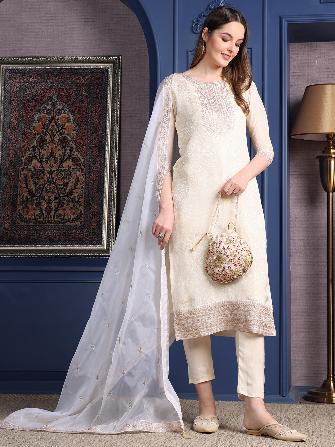 Embroidered Banarasi Jacquard Kurta With Pant & Embroidered Dupatta, Cream - Hiral Fashion - Distacart