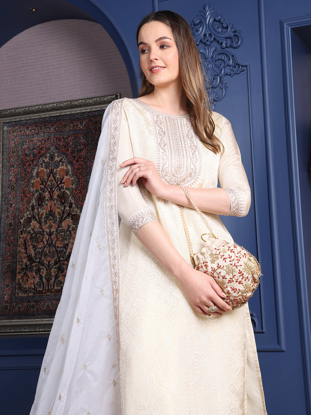 Embroidered Banarasi Jacquard Kurta With Pant & Embroidered Dupatta, Cream - Hiral Fashion - Distacart