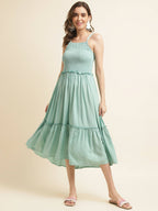 Sea Green Cotton Solid Flared Dress with Printed Shrug - Yukti - Distacart