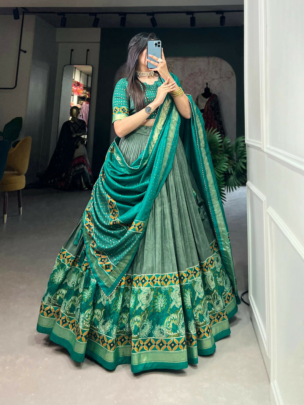Vastranavya Floral Print With Foil Print Tussar Silk Lehenga with Unstitched Blouse - Sea Green