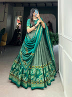 Vastranavya Floral Print With Foil Print Tussar Silk Lehenga with Unstitched Blouse - Sea Green