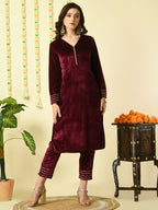 Myshka Women's Magenta Velvet Kurta With Trousers Party Sets