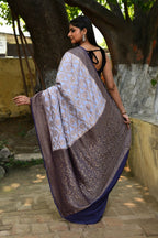 Joban Fashion Pastel Blue Crepe Chiffon Pure Handloom Banarasi Silk Saree