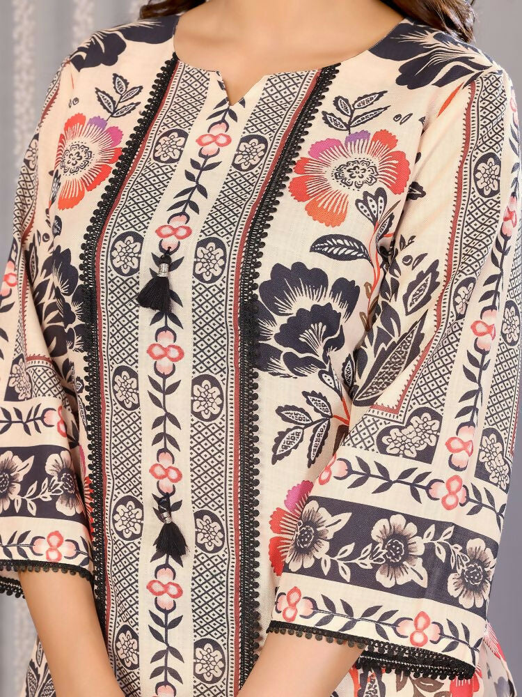 Joban Fashion Women Cream Linen Printed Stitched Kurta Set - Distacart