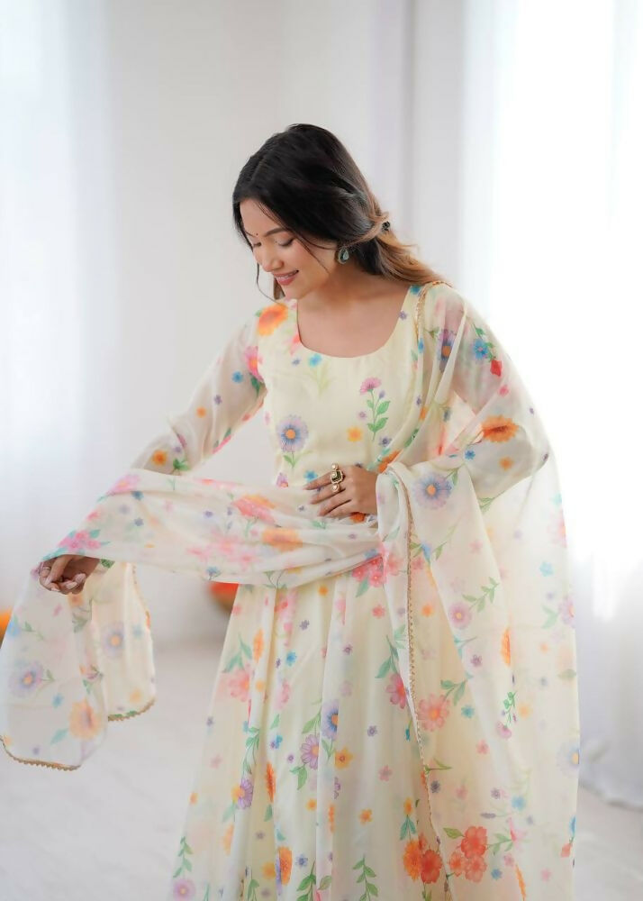 Teeya Creation Off White Soft Organza Digital Printed Party Wear Long Gown - Distacart