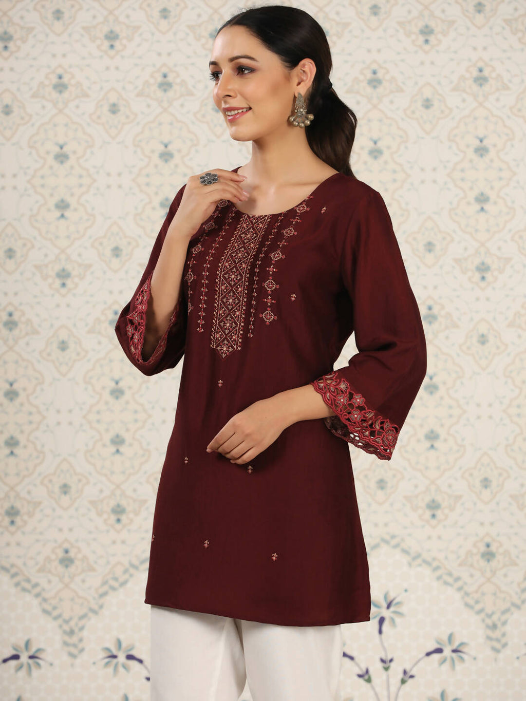 Maroon Chinon Embroidered Straight Top - Zeny