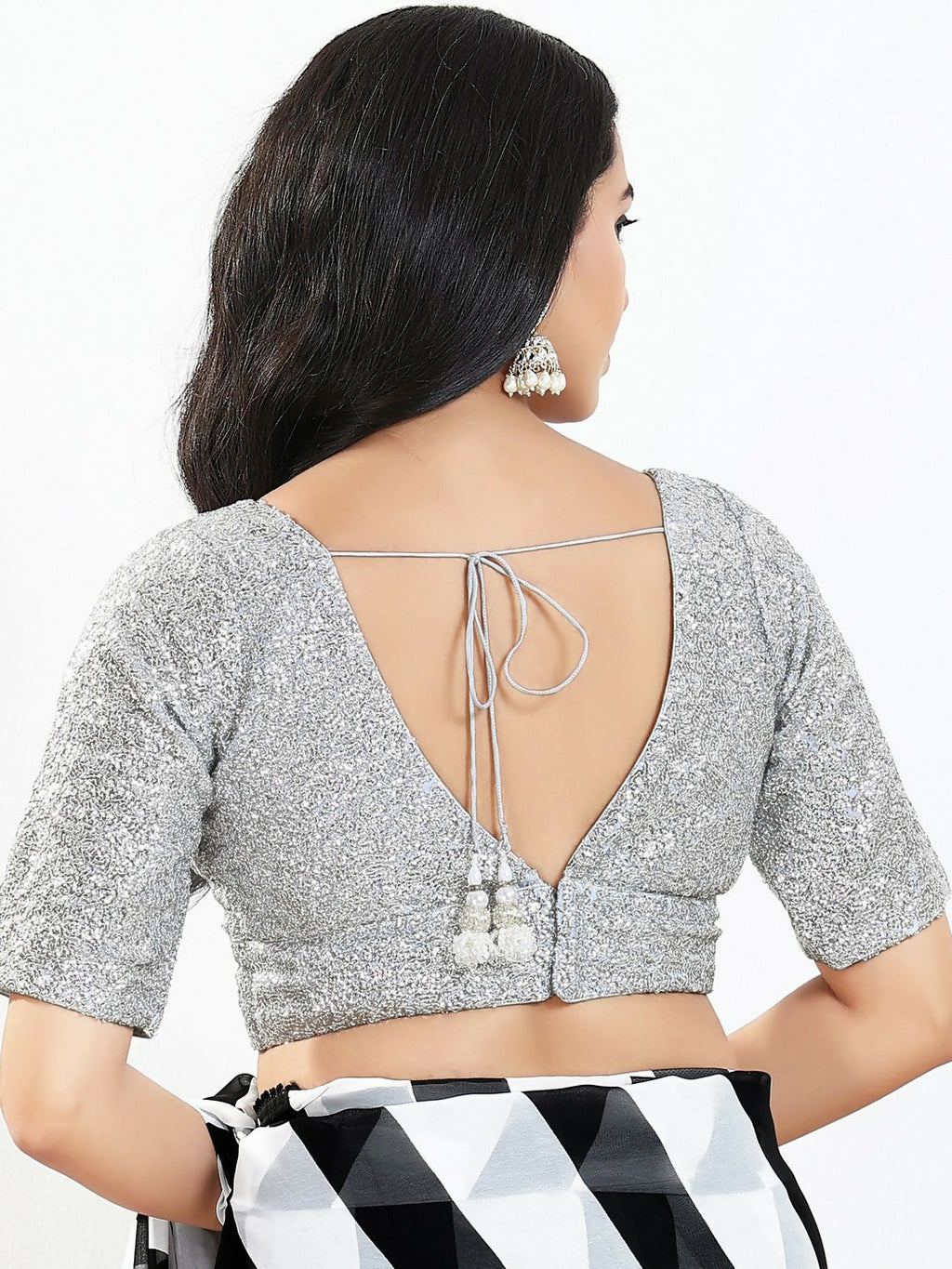 Joban Fashion Silver Silk Padded Blouse With V Neck Elbow Sleeves - Distacart