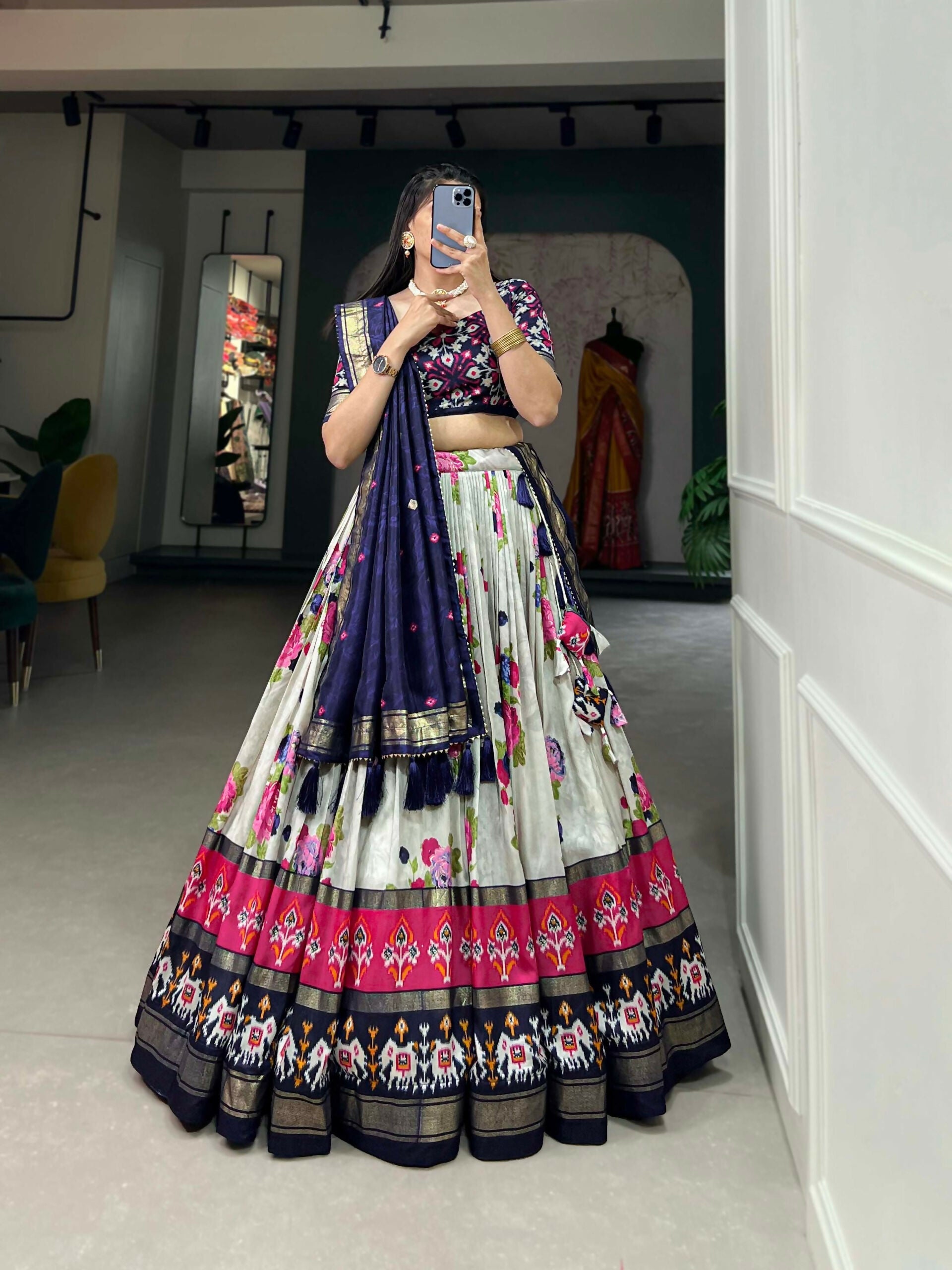 Vastranavya Floral And Patola Print With Foil Work Lehenga with Unstitched Blouse - Navy Blue