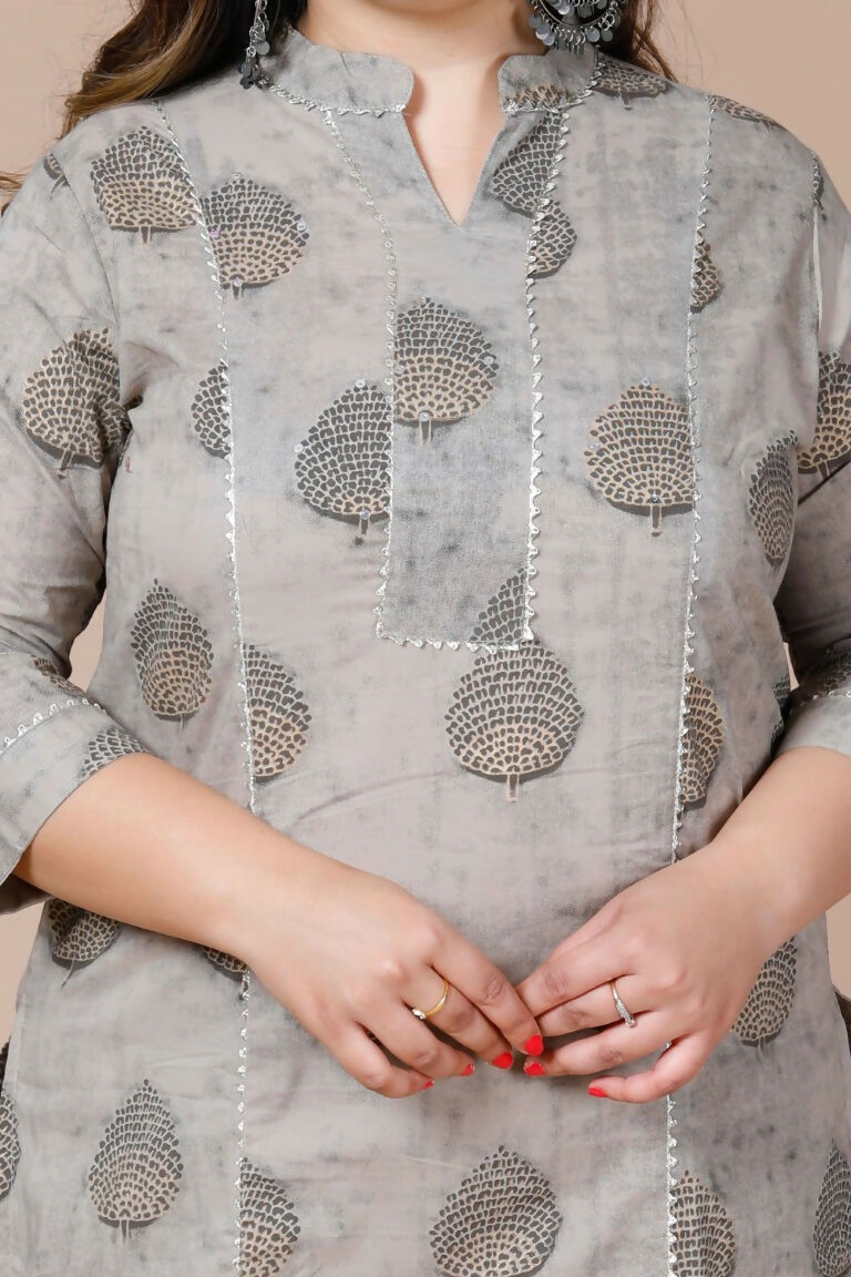 Miravan Women's Plus Size Beige Printed Gota Patti Pure Cotton Kurta With Palazzo