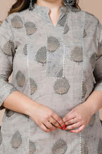 Miravan Women's Plus Size Beige Printed Gota Patti Pure Cotton Kurta With Palazzo
