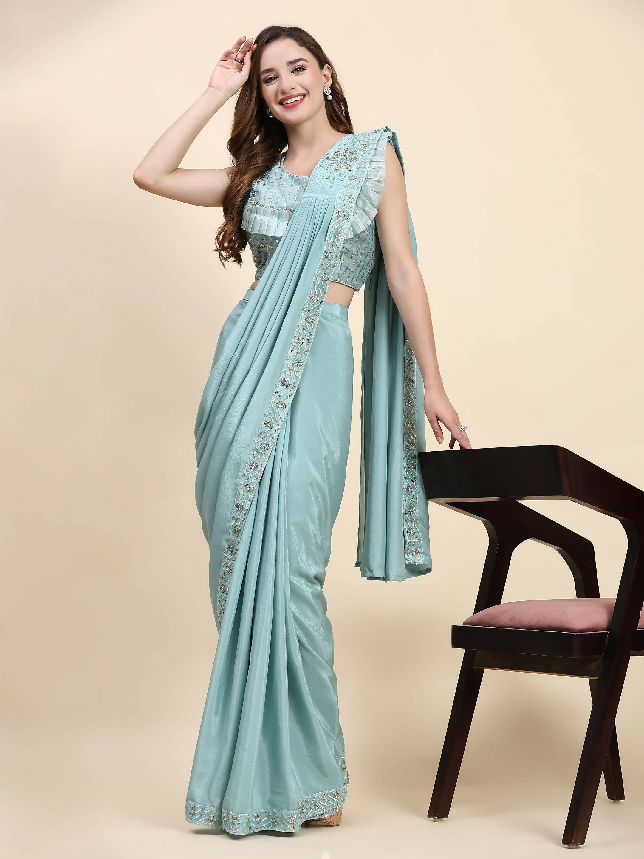 Sky Blue Silk Satin Solid Ready to wear Saree with stitched Blouse - Satiksha