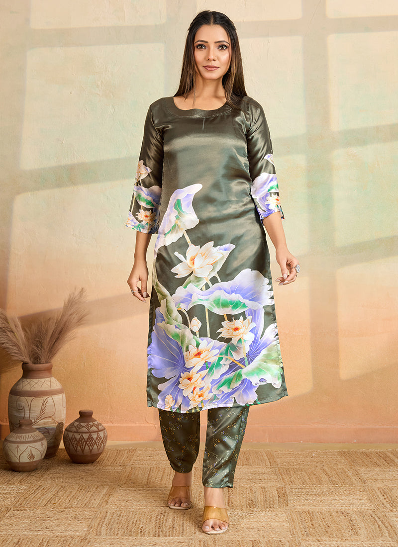 Prazu Fashion Olive Printed Cotton Reyon Kurta Pant Set - Distacart
