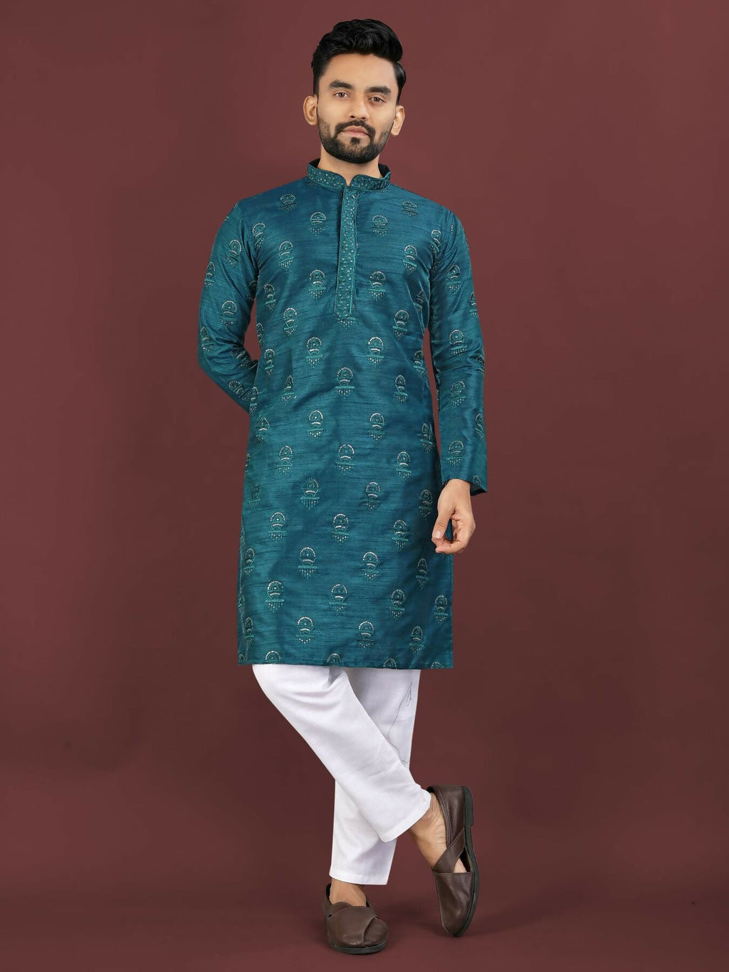 Anaita Teal Embroidered Silk Straight Kurta - Distacart
