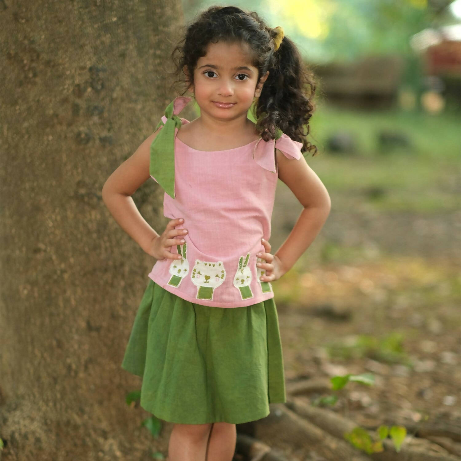 Mhyssa Pink Tie up Round Neck Patch Tee with Circular Skirt Set