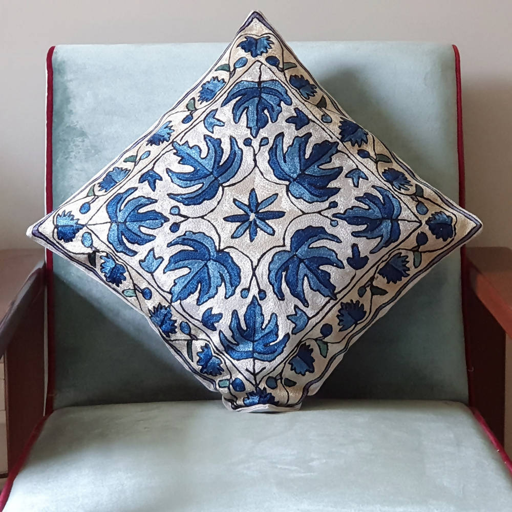 The Decor Nook Hand embroidered Crewel Cushion Covers in Blue Chinar Leaf Motif with Off White Base