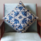The Decor Nook Hand embroidered Crewel Cushion Covers in Blue Chinar Leaf Motif with Off White Base