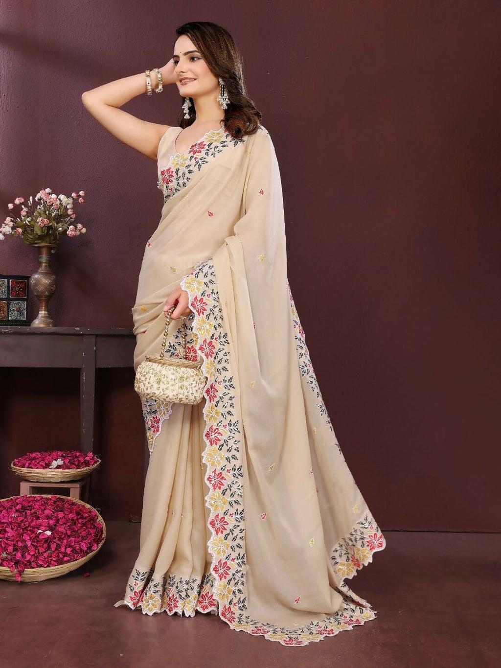 Ai Fashion Peach Soft Star Georgette Embroidery Party Wear Saree - Distacart