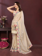 Ai Fashion Peach Soft Star Georgette Embroidery Party Wear Saree - Distacart