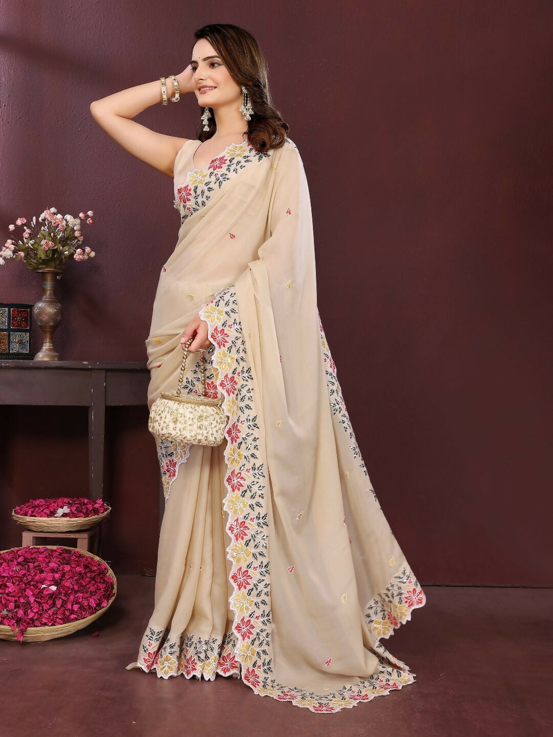Ai Fashion Peach Soft Star Georgette Embroidery Party Wear Saree - Distacart