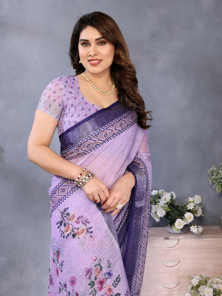 PR Fashion Purple Handloom Linen Cotton Saree
