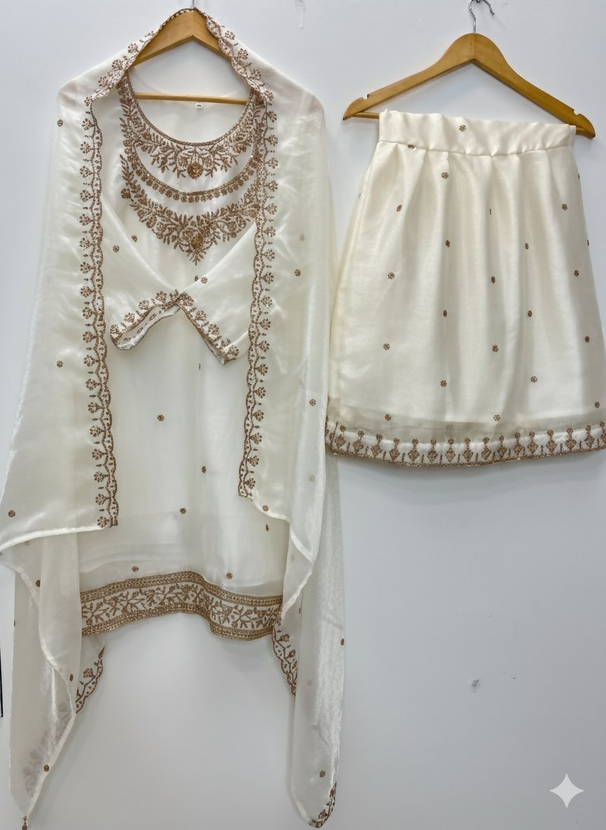 Teeya Creation Cream Color Fendy Satin Silk Heavy Embroidery Work Sharara Suit - Distacart