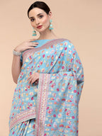 Blue Silk Blend Woven Design Saree With Unstitched Blouse Piece - Aloki
