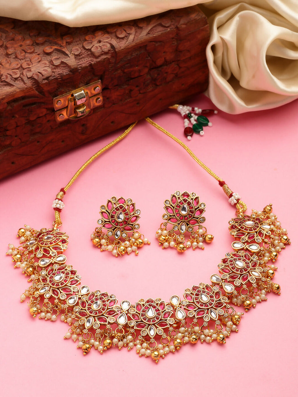 NVR Women's Gold-Polished Red Kundan- Studded & Beaded Handcrafted Temple Jewellery Set
